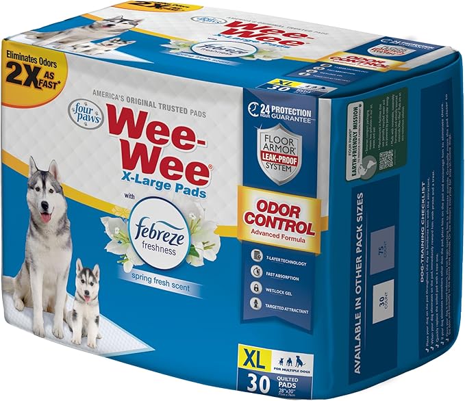 Four Paws Wee-Wee Odor Control with Febreze Freshness Pee Pads for Dogs & Puppies, Leak-Proof Dog Housebreaking Potty Training Floor Protection, Spring Fresh Scent, 28" x 30", 30 Count-Mewly Pet