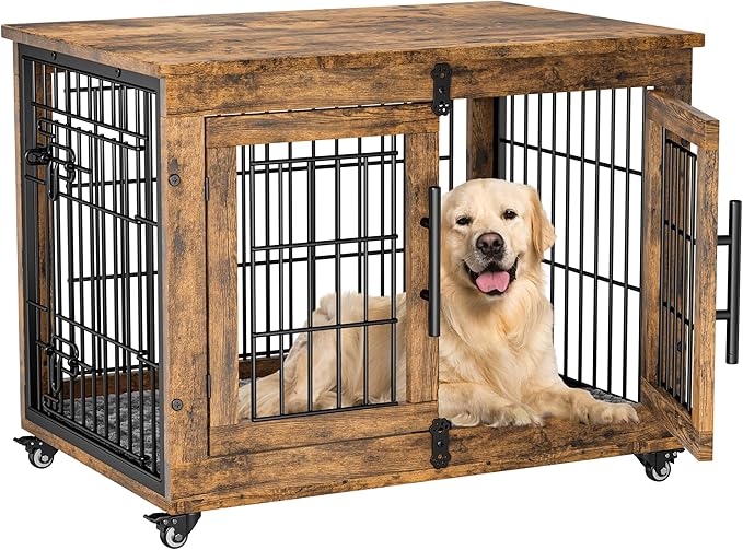 Lulive Dog Crate Furniture Set of 2, Dog Kennel Indoor Double Doors Wooden Dog Cage, 32'' Heavy Duty Dog Crate with Cushion & Wheels, End Table Pet House Chew-Resistant Up to 45 lb, Rustic Brown-Mewly Pet