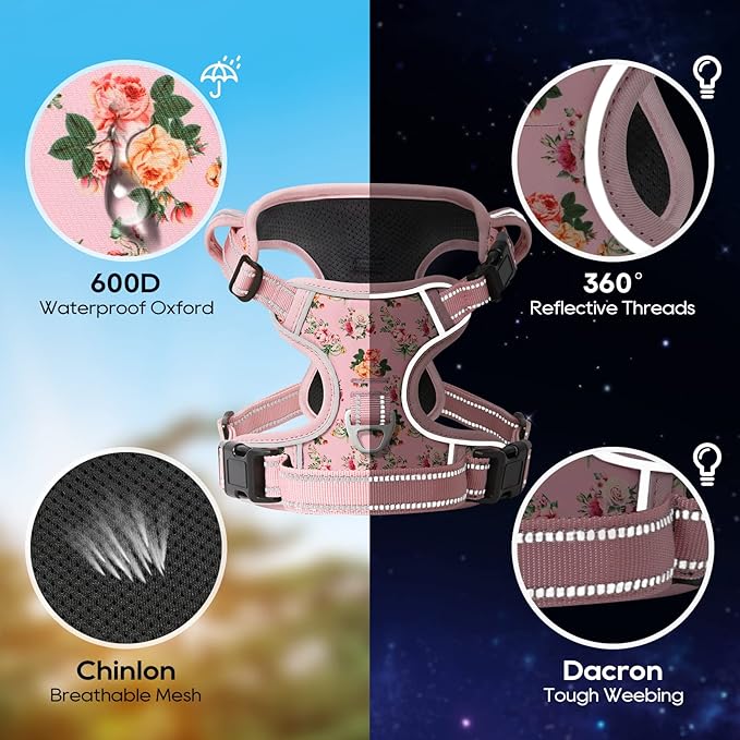 Timos No Pull Dog Harness,NO Need Go Over Dogs Head 3 Snap Buckles Reflective Oxford No Choke Harness with Front & Back 2 Metal Leash Clips Soft Padded for Small Medium Large Dogs Pink S-Mewly Pet