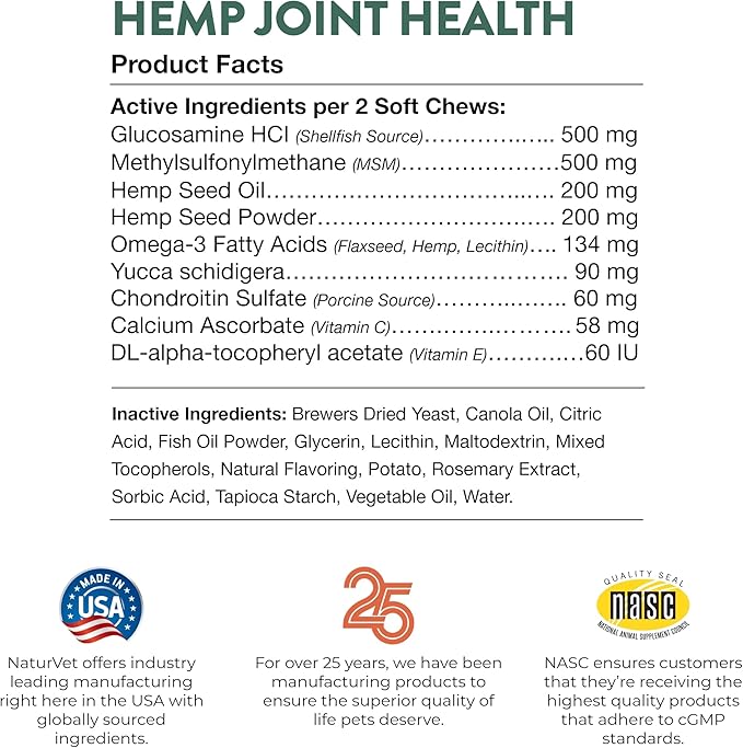 NaturVet Hemp Joint Health Hip & Joint Support Dog Supplement – Soft Chew Supplements for Dogs with Glucosamine, MSM, Chondroitin, Omega 3, Vitamins, Antioxidants – 240 Ct.-Mewly Pet