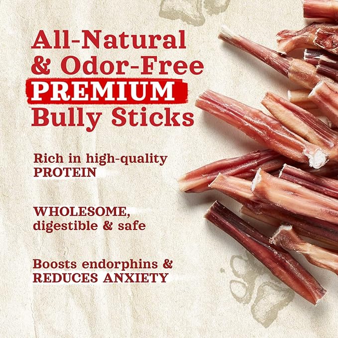 Natural Farm Odor-Free Thin Bully Sticks (4”, 24-Pack) All-Natural Long-Lasting Dog Chews, 100% Beef Pizzle, Grass-Fed, Grain-Free, Protein for Muscle Development & Energy, Perfect for Small Dogs-Mewly Pet