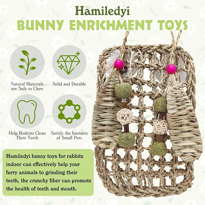 Hamiledyi Rabbit Seagrass Mat Hanging Bunny Chew Toys for Teeth Rabbit Enrichment Activity Mat Small Animal Toys for Guinea Pigs Chinchillas Gerbils Birds-Mewly Pet