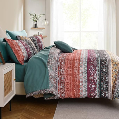 Boho King Size Comforter Set 8 Pieces, Orange and Green Bohemian Striped Bed in a Bag, Paisley Soft Microfiber Bedding Comforter Set