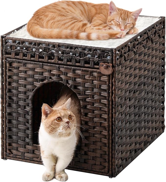 Cat Beds for Indoor Cats Extra Large Double Cat Cave Pet Cube, Handwoven Rattan Cat Houses with Double-Sided Soft Cushions, 18.5 x 20.5 x 19.1 Inches Foldable Hideaway in Living Room Brown-Mewly Pet