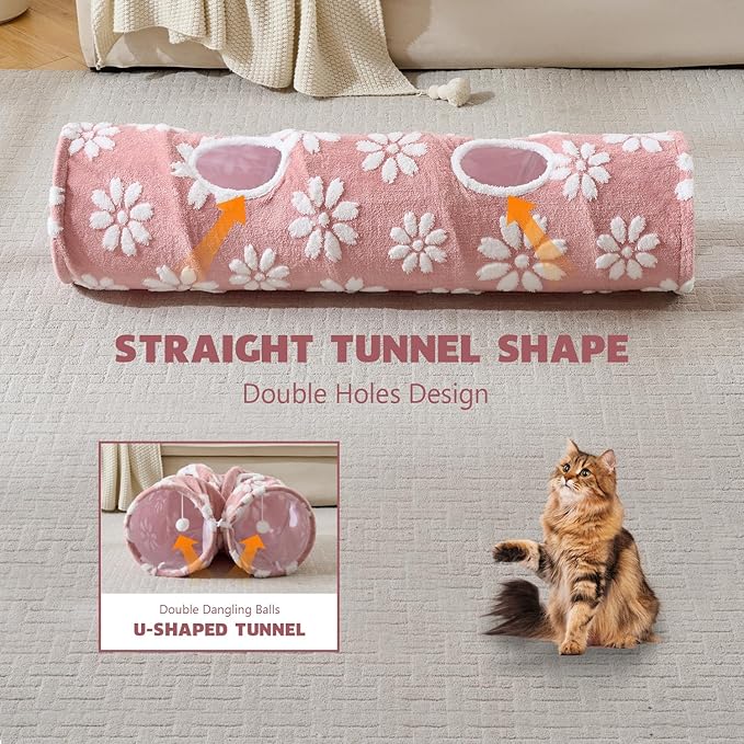 Straight Cat Tunnel for Indoor Cats 47"x12", Cute Cat Toys Collapsible Tunnel Tube with Balls for Puppy Kitten Rabbit, Pink Flower-Mewly Pet