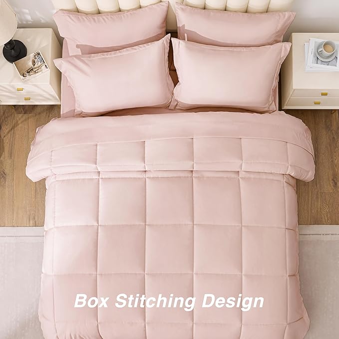 Love's cabin King Size Comforter Set Blush Pink, 7 Pieces King Bed in a Bag, All Season Bedding Sets with 1 Comforter, 1 Flat Sheet, 1 Fitted Sheet, 2 Pillowcase and 2 Pillow Sham