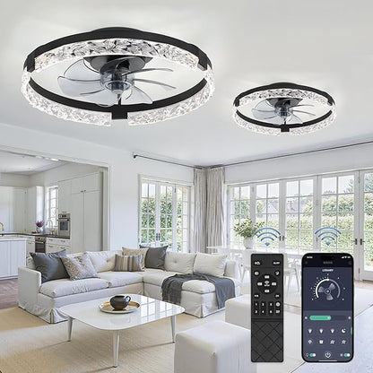 LEDIARY 2 Pack 20 Inch Low Profile Ceiling Fan with Lights and Remote, Dimmable Fandelier Ceiling Fans, Black Modern Flush Mount Ceiling Fan with 3 Color Temperature Change and 6 Speeds