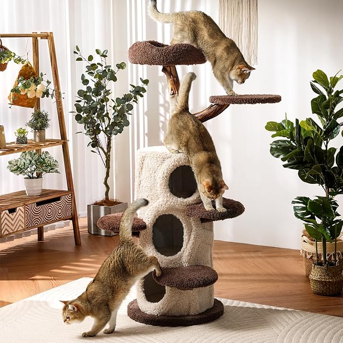 54.7'' Tall Modern Wood Cat Tree with 3 Level House, Luxury Cat Tower for Home Decoration, Large Cat Condo for Multi-Cat Families-Mewly Pet