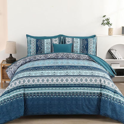 Boho Full Size Comforter Set 8 Pieces, Teal Blue Comforter Bohemian Striped Bed in A Bag, Soft Microfiber Bedding Set for All Seasons