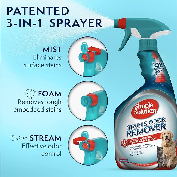 Simple Solution Stain & Odor Eliminator for Pets, Carpet Deodorizer, Enzyme Pet Odor Eliminator for Home, Stain Remover for Cat & Dog Pee, Urine Destroyer, Carpet Cleaner Spray, 32 oz-Mewly Pet