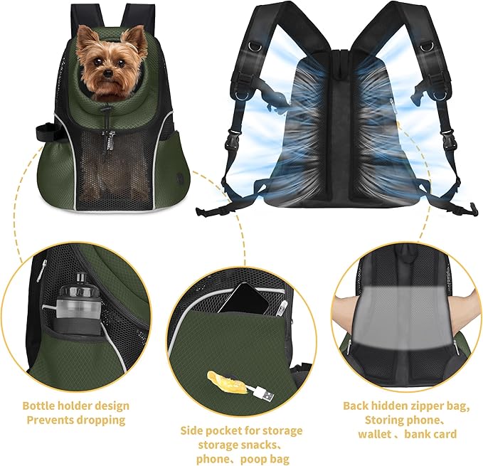 WOYYHO Pet Dog Carrier Backpack Small Dog Front Backpack Ventilated Mesh Dog Travel Back Pack with Safety Belt for Travel Hiking Cycling Outdoor Adventures (Size M: 5-9 lbs, Army Green)-Mewly Pet