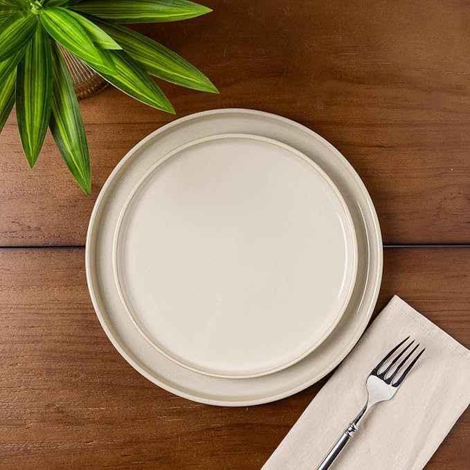 GBHOME Ceramic Dinnerware Sets for 4, 12 Pieces Stoneware Plates and Bowls Sets, Scratch Resistant Dishes, Dishwasher & Microwave Safe, Reactive Glaze-Vanilla color-Mewly Pet