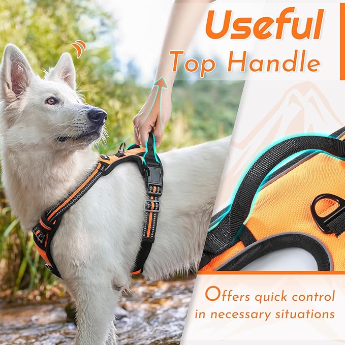 Eagloo Dog Harness for Large Dogs, No Pull Service Vest with Reflective Strips and Control Handle, Adjustable and Comfortable for Walking, No Choke Pet Harness with 2 Metal Rings, Orange, XL-Mewly Pet