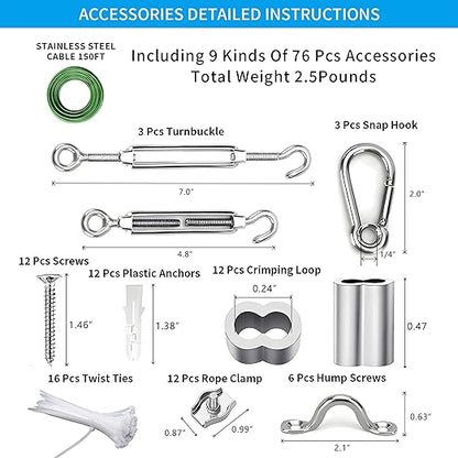 Globe String Light Suspension Kit, Outdoor Light Guide Wire, Vinyl Coated Stainless Steel Steel Cable，Include 150ft Transparent PVC and 304 Stainless Steel Wire Cable, Turnbuckle and Hooks