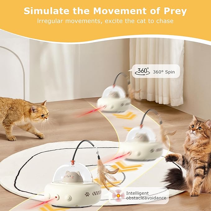 hooroor 2-in-1 UFO Laser Cat Toy – Automatic Motion with Feather, Rechargeable Smart Sensor Interactive Toy for Indoor Cats & Dogs, Fun Exercise & Play, Perfect Pet Gift-Mewly Pet
