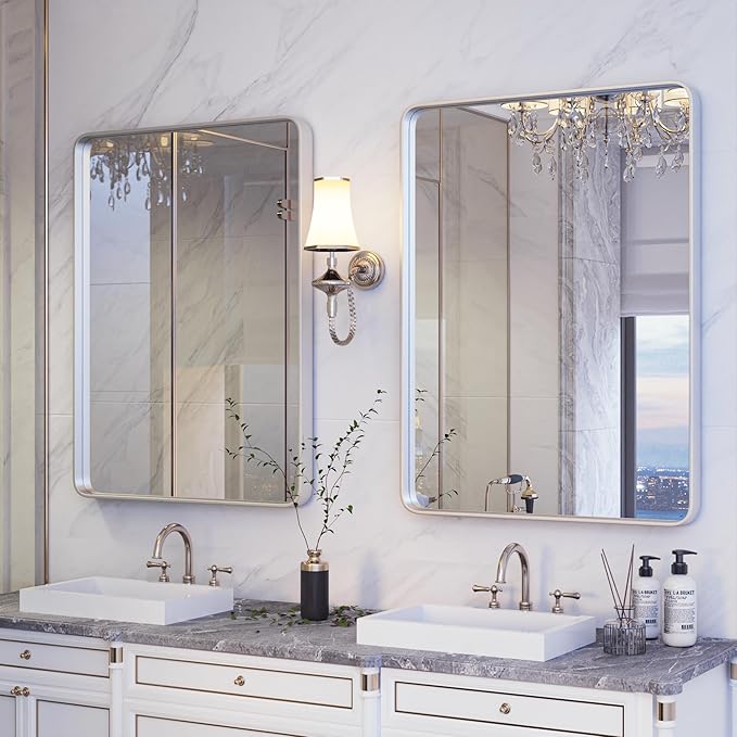ISKM Silver Bathroom Mirror, 36 x 28 Inch Metal Rounded Rectangular Wall Mounted Mirror for Modern Minimalist Farmhouse Home Decor Hangs Horizontal Or Vertical