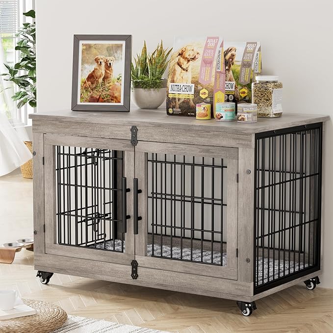 Lulive Large Dog Crate Furniture, 38'' Wooden Dog Crate End Table, Double Door Dog Kennel Indoor with Cushion & Wheels, Decorative Dog Cage House Chew-Resistant for Large/Medium, Grey-Mewly Pet