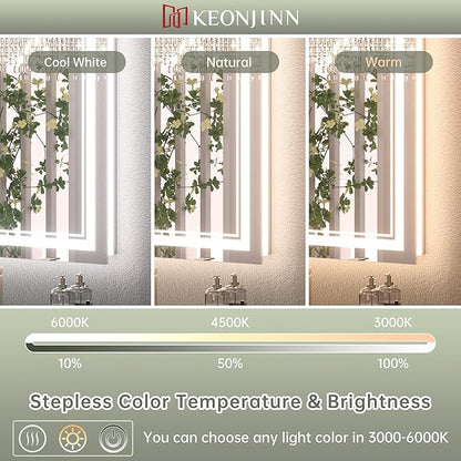 Keonjinn LED Bathroom Mirror 72" x 36" with Backlit and Frontlit, Tempered Glass Stepless 3 Colors Temperature & Dimmable Large Vanity Mirror, UL Listed LED Driver, Double Lights Anti-Fog Wall Mirror