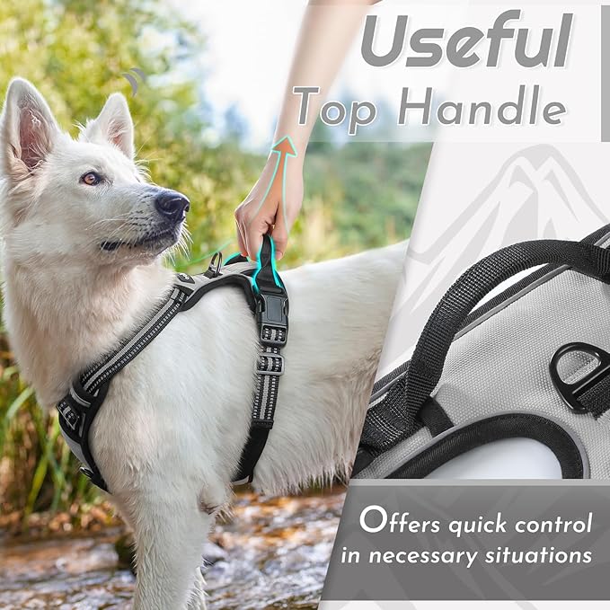 Eagloo Dog Harness Medium Sized Dog, No Pull Service Vest with Reflective Strips and Control Handle, Adjustable and Comfortable for Easy Walking, No Choke Pet Harness with 2 Metal Rings, Grey, M-Mewly Pet