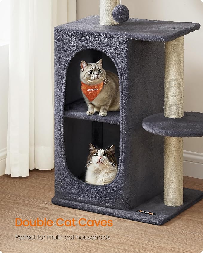 Feandrea Cat Tree Tower with 2 Caves for Multi-Cat Households, Kittens, Scratching Posts, Dark Gray UPCT005G02-Mewly Pet