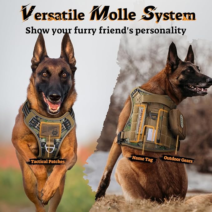 rabbitgoo Dog Harness Medium Sized No Pull, Tactical Service Pet Vest with Molle and Control Handle, Adjustable and Reflective Military Harness for Easy Walking and Training, Brown camo, M-Mewly Pet