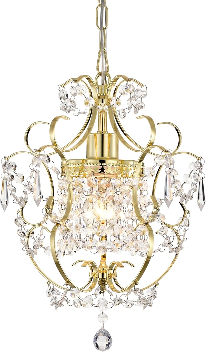 Small Crystal Chandelier for Bedroom, 90% Pre-Assembled 1 Light Gold Chandelier, Mini Acrylic Crystal Ceiling Light Fixture Charming for Girls Room, Closet, Bathroom, Entryway, Dining Room