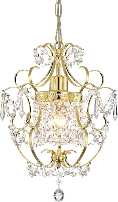Small Crystal Chandelier for Bedroom, 90% Pre-Assembled 1 Light Gold Chandelier, Mini Acrylic Crystal Ceiling Light Fixture Charming for Girls Room, Closet, Bathroom, Entryway, Dining Room
