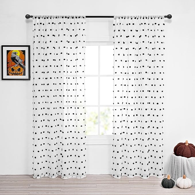 MYSKY HOME Curtains for Living Room & Bedroom - 84" Long Halloween Black Pom Pom Sheer Curtains for Nursery & Dining Room - 52" x 84" 2 Panels with Rod Pocket Privacy Drapes