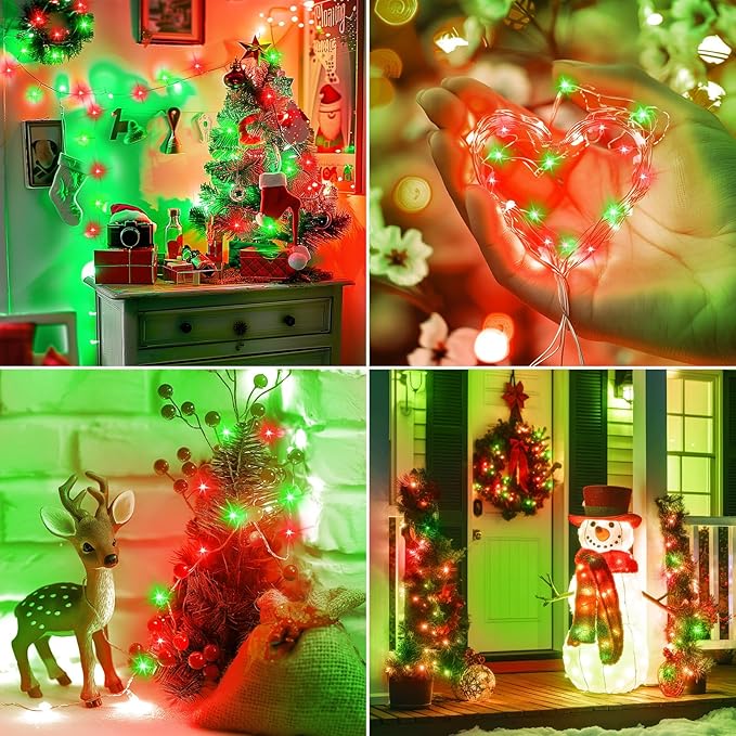 Minetom Fairy Lights Battery Operated, 5 Pack 7 FT 20 LED String Lights with Timer, Waterproof Silver Wire Christmas Fairy Light for Bedroom Party Decorations, Red and Green