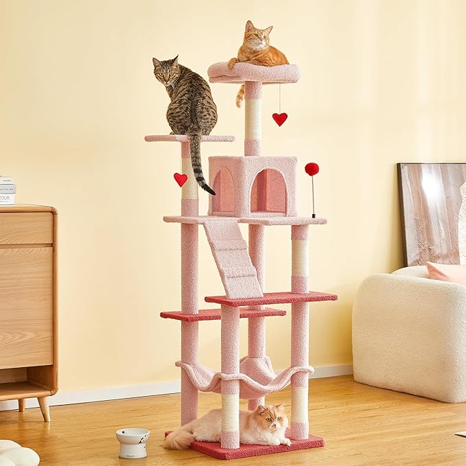 MWPO Cute Cat Tree, 63.8-Inch Pink Cat Tower for Indoor Cats, Multi-Level Cat Condo with 5 Scratching Posts, 2 Perches, Hammock, Dangling Toys-Mewly Pet
