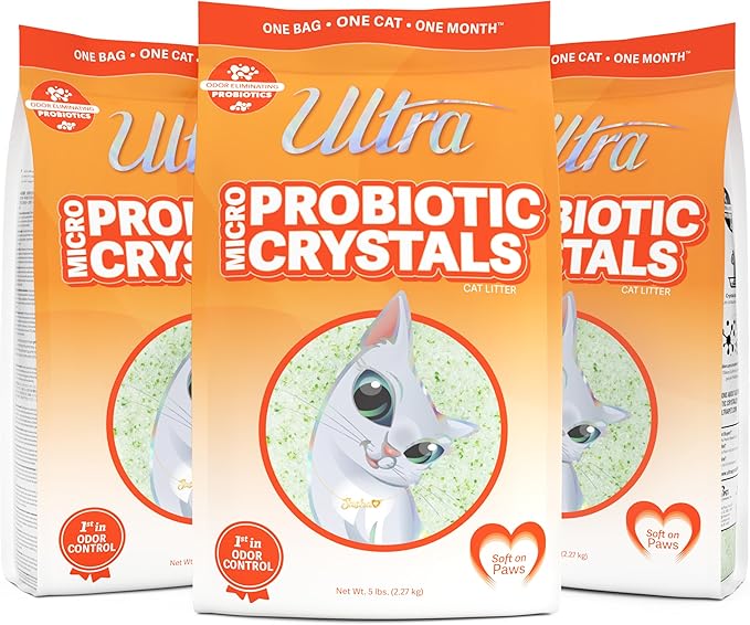 New Ultra Probiotic Micro Crystals Premium Cat Litter - 99.9% Dust Free, Soft on Paws, Fragrance Free - 15 Lbs. Total (3pk of 5 Lbs.)-Mewly Pet
