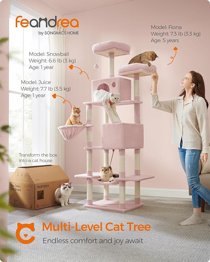 Feandrea Cat Tree, 81.1-Inch Large Cat Tower with 13 Scratching Posts, 2 Perches, 2 Caves, Basket, Hammock, Pompoms, Multi-Level Plush Cat Condo for Indoor Cats, Jelly Pink UPCT190P01-Mewly Pet