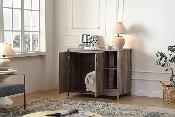 Cat-Faced Doors Cat Litter Robot Enclosure,Automatic Litter Box Enclosure for Litter Robot 3/4,Power Outlet for Litter Robot Cabinet,Litter Collector,Dog-Proof Adjustable Shelf,Grey-Mewly Pet