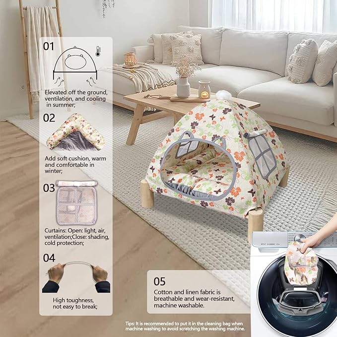 2-in-1 Elevated Cat Tent Cat House, Quick Assembly and Disassembly, Portable Indoor/Outdoor Cute Cat Bed Cave-Butterfly and Flower-Mewly Pet