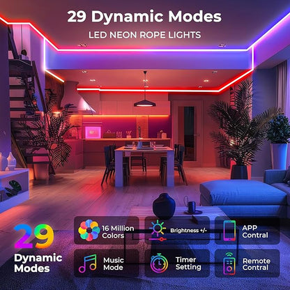 20FT LED Neon Rope Lights, Flexible Led Rope Lights Control with App/Remote, IP67 Outdoor RGB Color Changing Led Neon Lights Waterproof, Music Sync Led Strip Neon Lights for Bedroom Decor