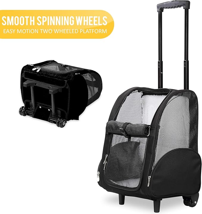 KOPEKS Deluxe Backpack Pet Travel Carrier with Double Wheels for Pets up to 10 Pounds - Black - Approved by Most Airlines-Mewly Pet