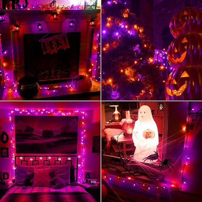 BrizLabs Orange Purple Halloween Lights, 33ft 100 LED Battery Halloween Lights, 8 Modes Orange Purple String Light with Timer, Indoor Outdoor Mini Battery Light for Outside Tree Bedroom Patio Decor