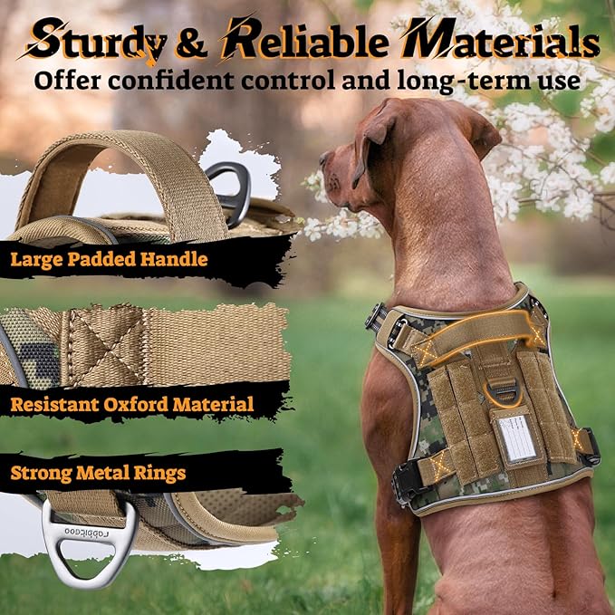 rabbitgoo Dog Harness for Large Dogs No Pull, Tactical Service Pet Vest with Molle and Control Handle, Adjustable and Reflective Military Harness for Easy Walking and Training, Brown camo, XL-Mewly Pet