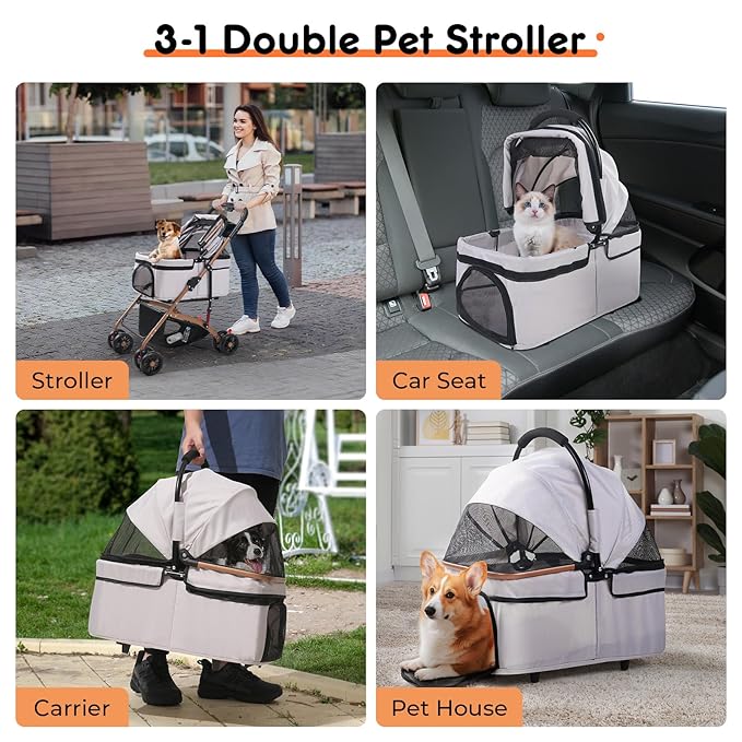 3-in-1 Foldable Pet Stroller for Medium Dogs & Cats (50lbs) - Detachable Carrier, Car Seat, Storage Basket, 5" Lockable Wheels-Mewly Pet