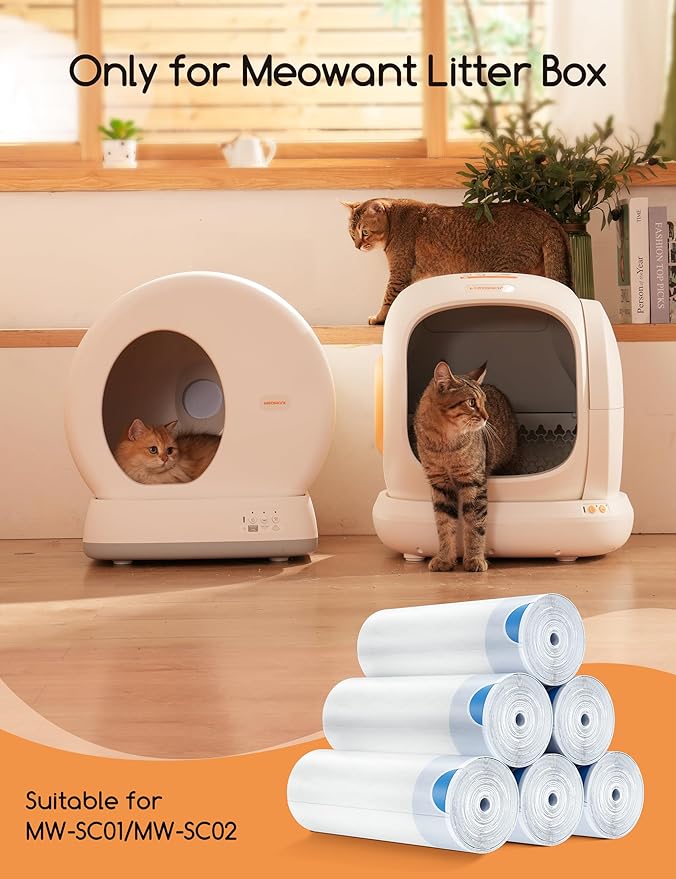 MeoWant Cat Litter Box Liner -120PCS Heavy Duty Drawstring Trash Bags for MeoWant MW-SC01/MW-SC02 Automatic Self-Cleaning Boxes, Extra Thick Leakproof, 6 Rolls (20 Bags/Roll)-Mewly Pet