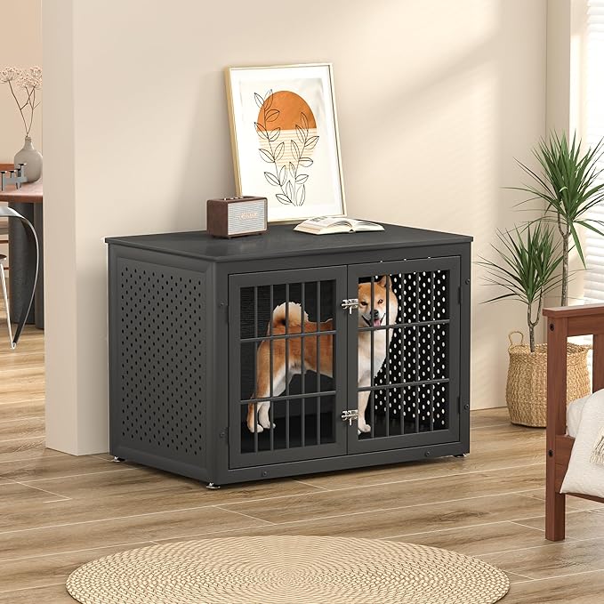 38" Heavy Duty Dog Crate Furniture for Large and Medium Dogs,Wooden Metal Kennel for High Anxiety Dogs, Chew Proof Pet Cage Indoor, Decorative Dog Kennel End Table-Mewly Pet