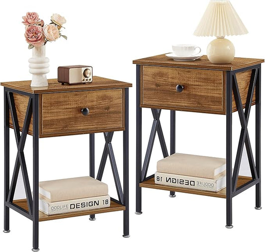 VECELO Nightstands Set of 2, Modern Bedside End Tables, Night Stands with Drawer and Storage Shelf for Living Room Bedroom, Industrial Metal Frame