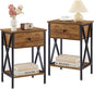 VECELO Nightstands Set of 2, Modern Bedside End Tables, Night Stands with Drawer and Storage Shelf for Living Room Bedroom, Industrial Metal Frame