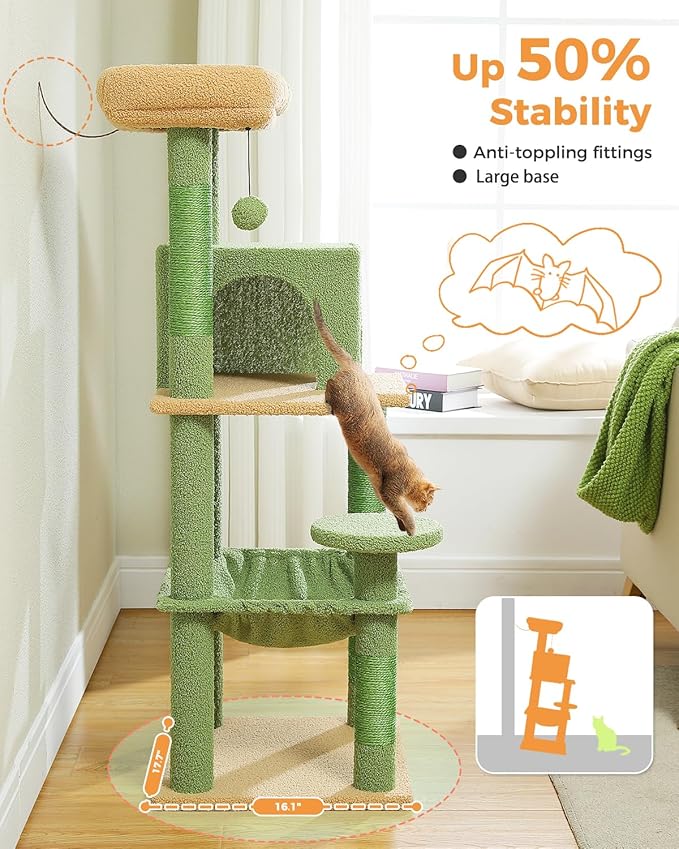 Cactus Cat Tree for Indoor Cats, 45.7" Multi-Level Cat Tower with Large Metal Frame Hammock, Cat Condo with 4 Scratching Posts and Top Perch, Green-Mewly Pet