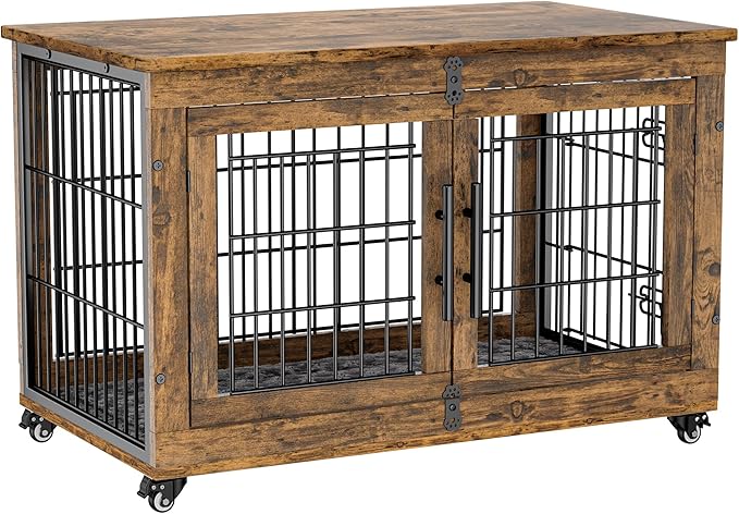 Lulive Dog Crate Furniture, Dog Kennel Indoor Double Doors Wooden Dog Cage, 38'' Heavy Duty Dog Crate with Cushion & Wheels, Decorative End Table Pet House Chew-Resistant for Large/Medium, Brown-Mewly Pet