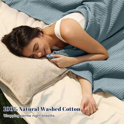 PHF 100% Cotton Waffle Weave Blanket Twin Size for Bed,Snag Proof Lightweight Breathable Moisture-Wicking Throw for Couch,Great for Layering in Cold Weather,Machine Washable,Home Decor Gift-Ocean