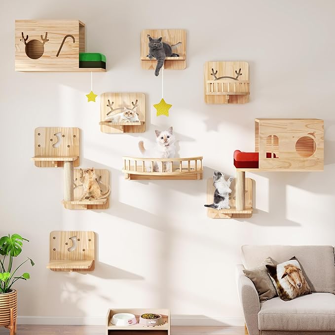 Cat Wall Shelves, Cat Wall Furniture Pine Wooden Feline Shelf, 16 Piece Shelves and Perches with Bowl, Warmer Mat, Condos, House, Steps and Cat Scratcher-Mewly Pet