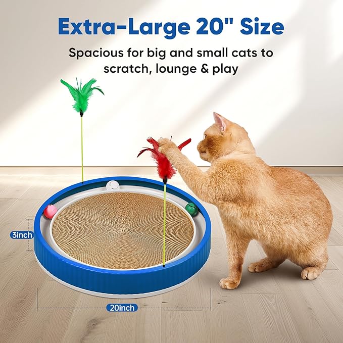 20-Inch Round Cat Scratcher with Ball Track – 3-in-1 Cardboard Scratching Pad with Feather Toy & Non-Slip Base – Interactive Cat Toy for Indoor Cats, Kittens & Large Cats (Blue)-Mewly Pet