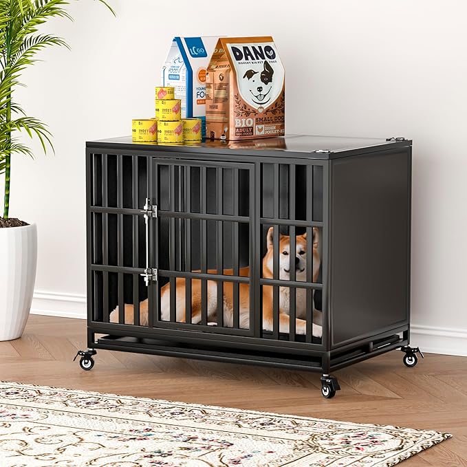 38 inch Heavy Duty Dog Crate with Self-Locking Latch, Indestructible Steel Large Kennel with Enclosed Design, Chew-Proof and Escape-Proof Pet Cage for High Anxiety Dogs-Mewly Pet