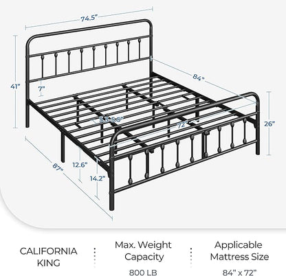 Yaheetech Classic Metal Platform Bed Frame Mattress Foundation with Victorian Style Iron-Art Headboard/Footboard/Under Bed Storage/No Box Spring Needed/California King Size Black